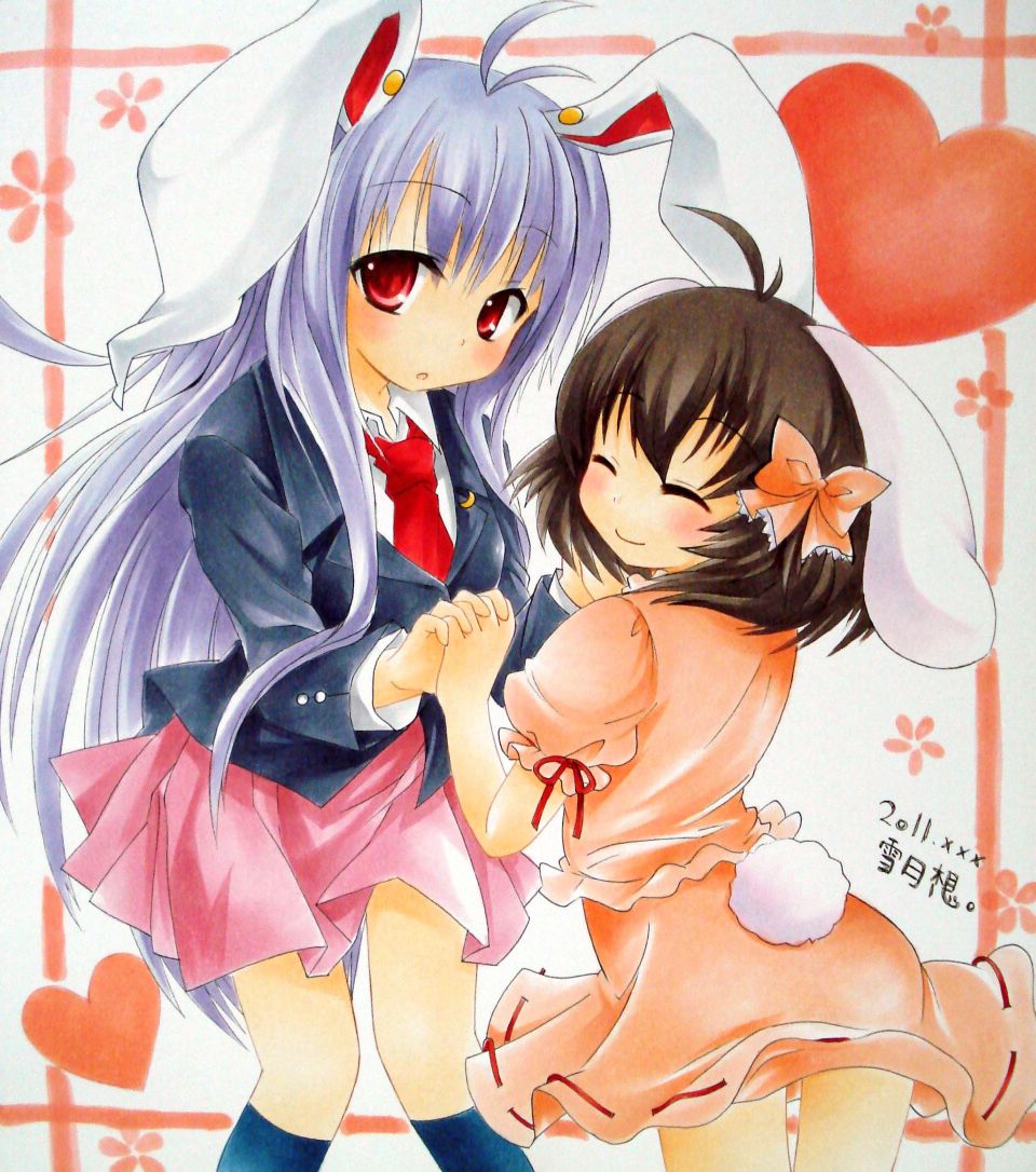 2011 2girls :o adapted_costume animal_ears black_jacket black_socks brown_hair closed_eyes closed_mouth collared_shirt facing_back facing_viewer feet_out_of_frame frilled_sleeves frills from_behind happy holding_hands inaba_tewi interlocked_fingers jacket kneehighs long_hair looking_at_viewer marker_(medium) multiple_girls open_mouth orange_shirt orange_skirt pink_skirt puffy_short_sleeves puffy_sleeves purple_hair rabbit_ears rabbit_tail red_eyes red_ribbon red_scarf reisen_udongein_inaba ribbon ribbon-trimmed_skirt ribbon_trim scarf shikishi shirt short_hair short_sleeves simple_background skirt skirt_set sleeve_ribbon smile socks tail touhou traditional_media very_long_hair white_shirt yukitsuki_kokoro