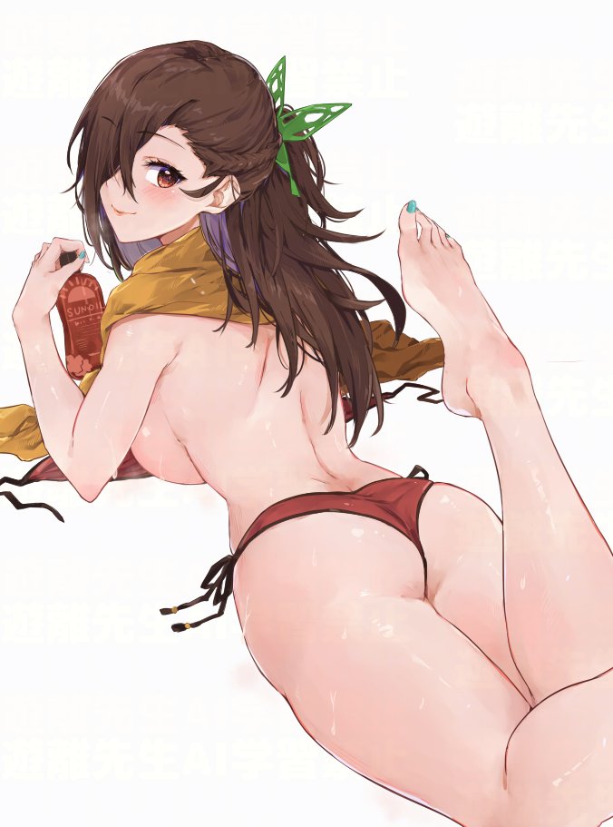 1girl ass back barefoot bikini blue_nails blush bra bra_removed breasts brown_eyes brown_hair butterfly_hair_ornament character_request closed_mouth commentary_request from_behind hair_ornament hair_over_one_eye large_breasts long_hair looking_at_viewer looking_back lotion miyazakit nail_polish panties red_bikini red_panties scarf simple_background smile solo sunscreen swimsuit toenail_polish toenails underwear white_background yellow_scarf