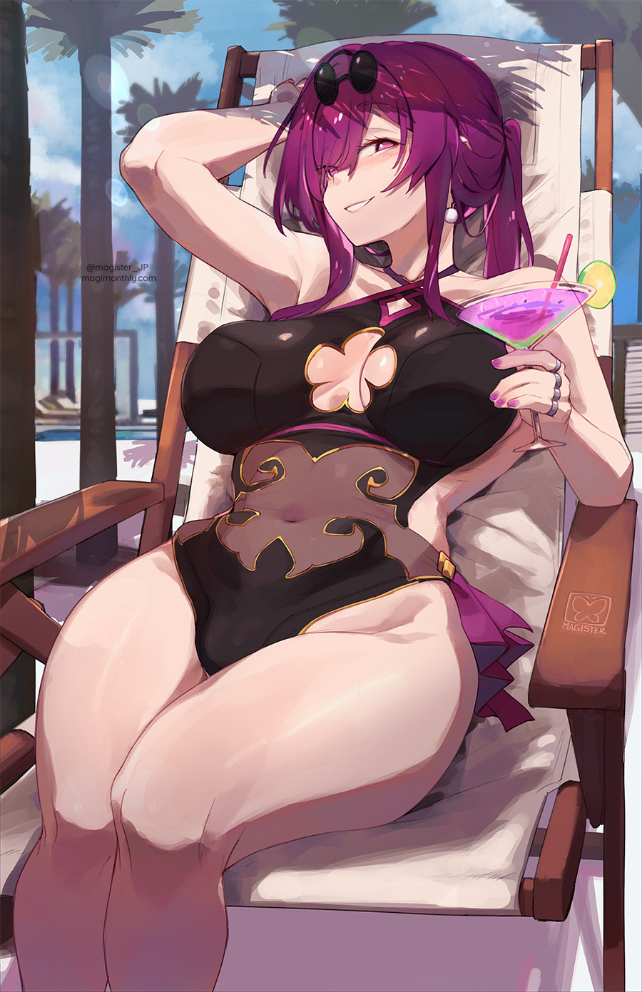 1girl bare_shoulders beach_chair black_one-piece_swimsuit blush breasts cleavage cleavage_cutout clothing_cutout cocktail_glass collarbone covered_navel cup drinking_glass earrings gold_trim grin hair_over_one_eye highleg highleg_swimsuit highres honkai:_star_rail honkai_(series) jewelry kafka_(honkai:_star_rail) large_breasts long_hair looking_at_viewer magister one-piece_swimsuit ponytail purple_eyes purple_hair ring round_eyewear sitting smile solo sunglasses swimsuit thighs