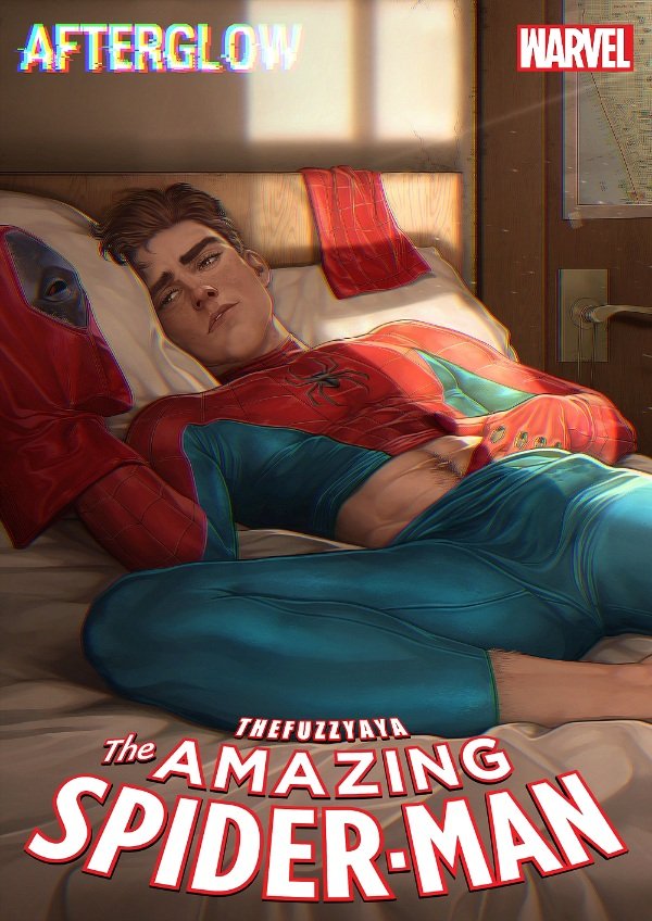 1boy abs aya_(the_fuzzy_aya) bara bed black_hair blue_bodysuit bodysuit copyright_name deadpool eyelashes hand_under_clothes holding holding_mask large_pectorals lying male_focus marvel mask midriff_peek muscular muscular_male navel navel_hair on_back on_bed pectorals peter_parker pillow red_bodysuit short_hair solo spider-man spider-man_(series) superhero thick_eyebrows toned toned_male two-tone_bodysuit