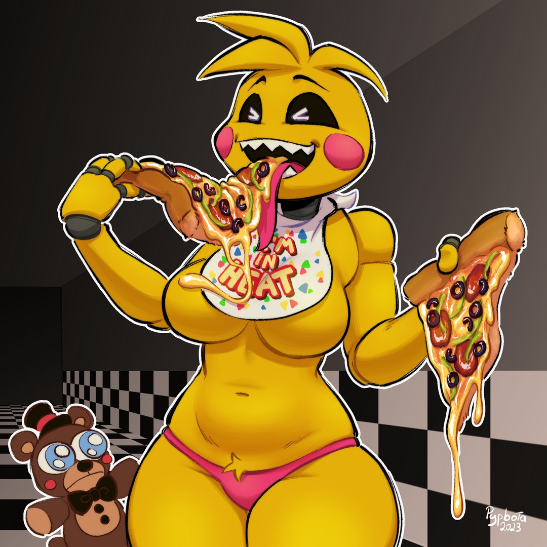 &gt;_&lt; 4_fingers animatronic anthro avian belly bib big_eyes biped bird black_eyes bodily_fluids breasts checkered_floor chica_(fnaf) chicken clothing convenient_censorship curvy_figure drooling eating eating_food eating_pizza excited eyebrows eyes_closed female fingers five_nights_at_freddy's five_nights_at_freddy's_2 food food_fetish food_play freddy_(fnaf) fur galliform gallus_(genus) gradient_background gynomorph intersex long_tongue machine medium_breasts messy open_mouth panties phasianid pink_cheeks pink_clothing pink_panties pink_underwear pizza pizzeria plushie poyopop pubes pubes_exposed pypbota robot saliva scottgames sharp_teeth simple_background skindentation solo teeth thick_thighs tile tongue tongue_out toy_chica_(fnaf) under_boob underwear wide_hips yellow_body yellow_fur yellow_skin