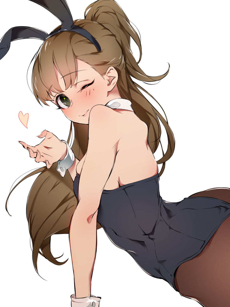 1girl animal_ears bare_shoulders black_hairband black_leotard blush breasts brown_hair brown_pantyhose closed_mouth collar detached_collar fake_animal_ears from_side green_eyes hairband hand_up heart highres idolmaster idolmaster_cinderella_girls idolmaster_cinderella_girls_starlight_stage karan large_breasts leotard long_hair looking_at_viewer makihara_shiho one_eye_closed pantyhose playboy_bunny ponytail rabbit_ears simple_background smile solo strapless strapless_leotard white_background white_collar white_wrist_cuffs