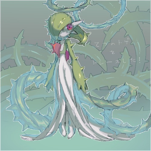 1girl alternate_hair_length alternate_hairstyle arms_at_sides border closed_mouth colored_skin commentary_request dot_mouth expressionless flat_chest full_body gameplay_mechanics gardevoir green_background green_hair green_skin green_theme grey_border hair_over_one_eye iron_barbs_(pokemon) looking_to_the_side lowres medium_hair monster_girl multicolored_skin one_eye_covered outline oyama_yoihaya partial_commentary plant plant_girl pokemon pokemon_(creature) pokemon_ability red_eyes solo spikes standing thorns trace_(pokemon_ability) translated two-tone_skin vines white_outline white_skin