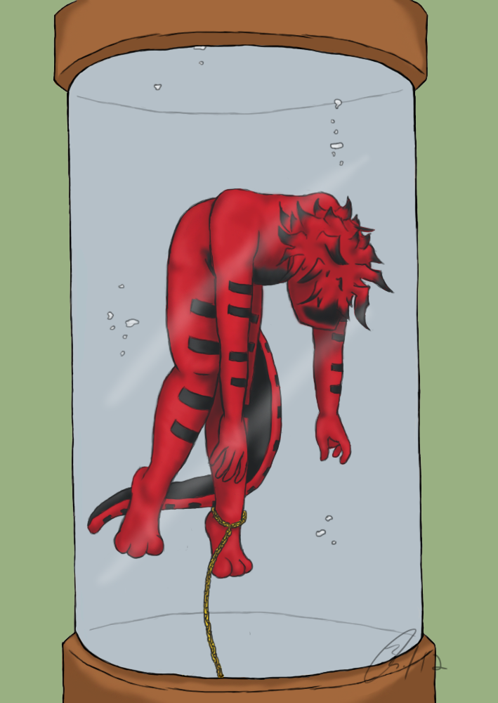 2012 aemi anthro black_body black_skin death digital_drawing_(artwork) digital_media_(artwork) furx_(character) green_background lizard male nude red_body red_skin reptile restrained scalie signature simple_background solo water