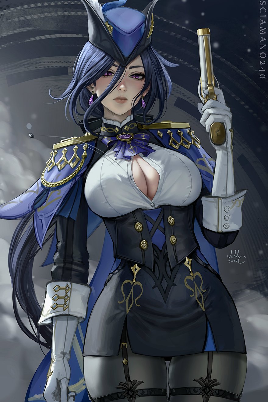 1girl black_skirt blue_hair blue_headwear breasts cleavage clorinde_(genshin_impact) corset earrings epaulettes genshin_impact gloves gun hair_between_eyes hat hat_feather highres holding holding_gun holding_weapon jewelry large_breasts long_hair miniskirt pantyhose purple_eyes sciamano240 shoulder_cape skirt solo tricorne vision_(genshin_impact) weapon white_gloves