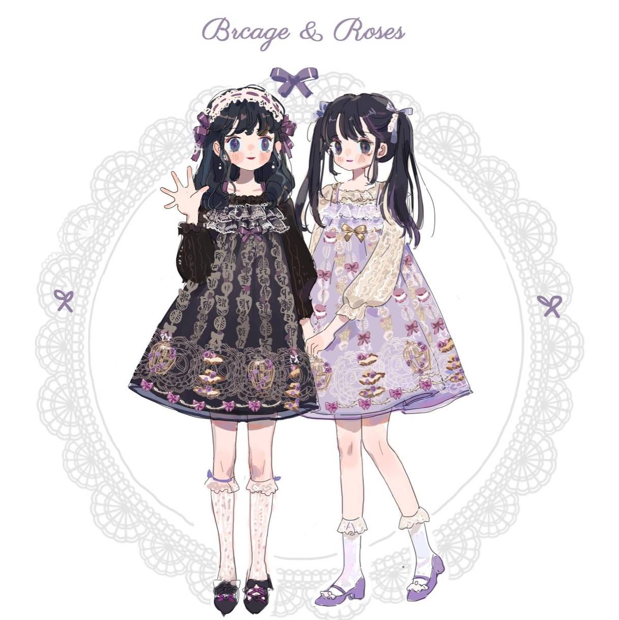 2girls birdcage black_dress black_eyes black_footwear black_hair black_shirt blue_eyes blush_stickers bow bow_legwear cage closed_mouth collarbone dress dress_bow english_text eyelashes food food-themed_clothes footwear_bow frilled_footwear frilled_hairband frilled_shirt frilled_socks frills full_body gold_bow hair_bow hair_ornament hairband hand_up heart heart_hair_ornament high_heels highres holding_hands kneehighs lace-trimmed_dress lace_bow lace_dress lace_sleeves lace_trim lipstick lolita_fashion lolita_hairband long_hair long_sleeves looking_at_viewer macaron makeup multiple_girls oreorainbow030 original over-kneehighs puffy_long_sleeves puffy_sleeves pumps purple_bow purple_dress purple_footwear purple_lips purple_trim ribbon-trimmed_hairband shirt short_dress sleeveless sleeveless_dress smile socks sparkling_eyes straight_hair strap tart_(food) thighhighs twintails wavy_hair white_background white_hairband white_socks yellow_shirt