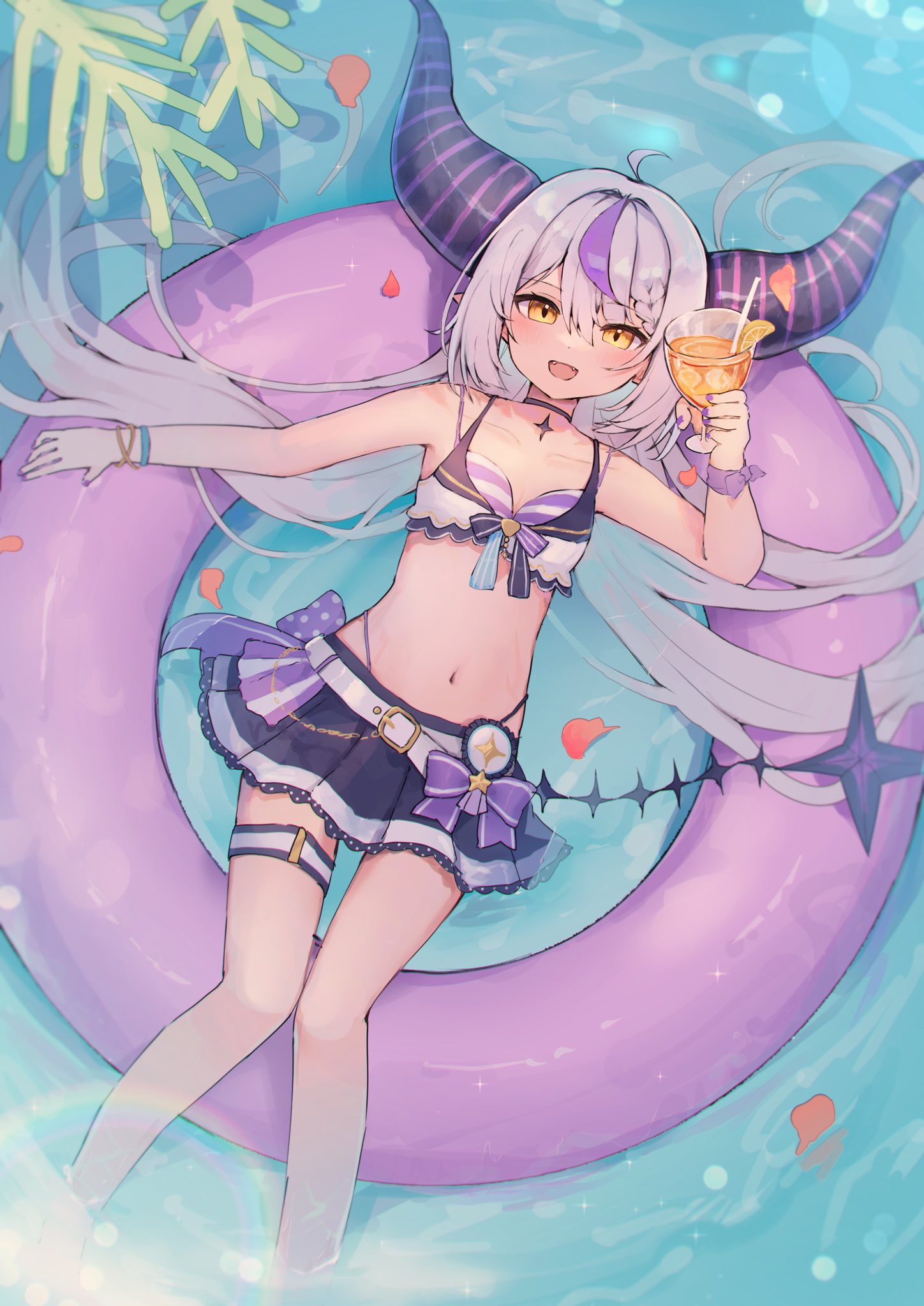 1girl ahoge belt bikini bikini_skirt bikini_under_clothes black_horns bracelet braid braided_bangs breasts choker cleavage drink grey_hair highleg highleg_bikini highres holding holding_drink hololive hololive_summer_2023_swimsuit horns jewelry la+_darknesss layered_bikini long_hair multicolored_hair nail_polish navel official_alternate_costume on_innertube open_mouth pointy_ears purple_bikini purple_hair ririru small_breasts solo streaked_hair striped striped_bikini striped_horns swimsuit thigh_strap two-tone_bikini virtual_youtuber water white_belt