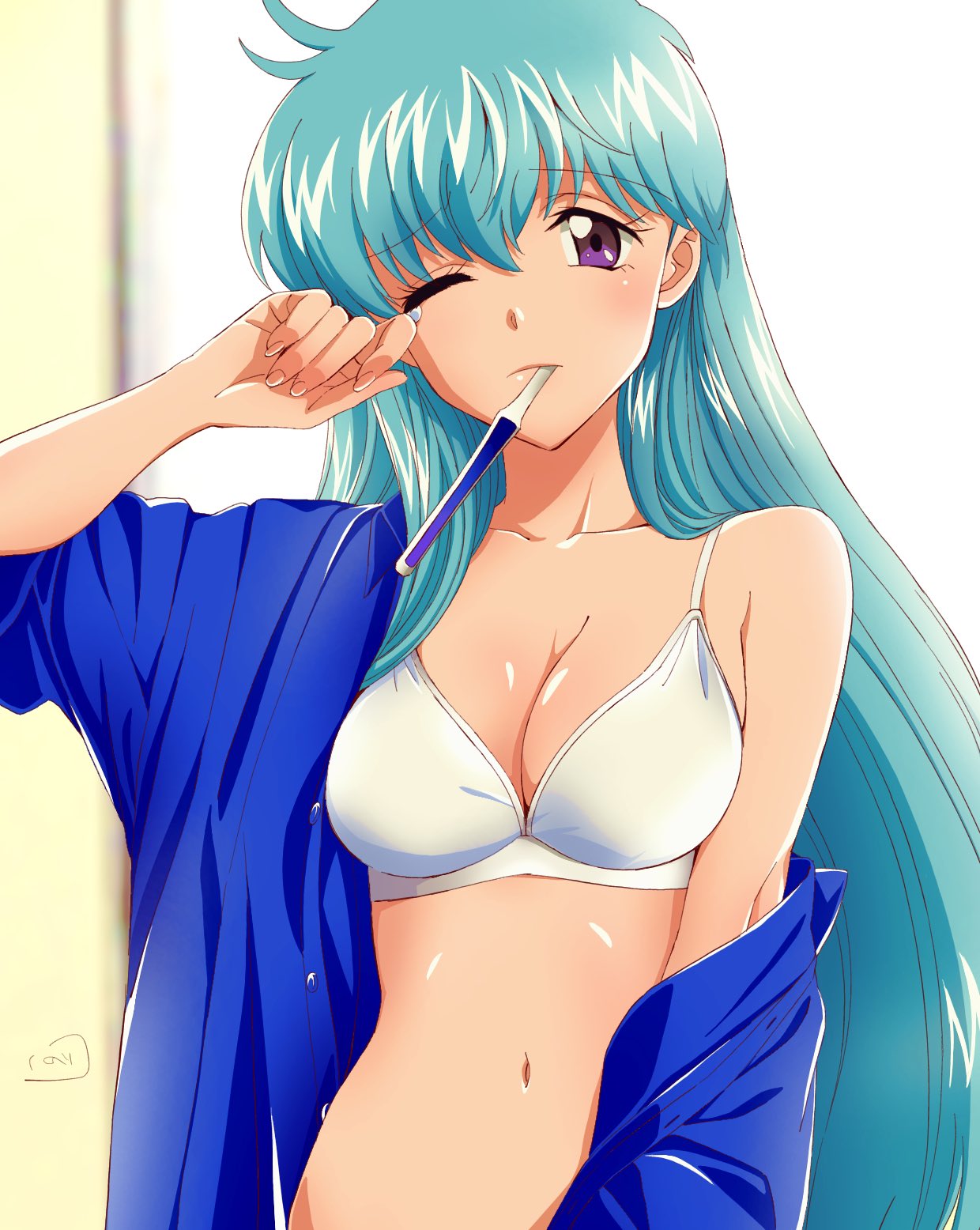 1girl bikini blue_hair blue_shirt blush character_request closed_mouth commentary_request copyright_request fingernails highres long_hair navel nori_(norimakigumo) one_eye_closed open_clothes open_shirt purple_eyes shirt swimsuit toothbrush toothbrush_in_mouth white_bikini