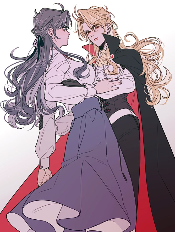 2girls arm_grab ascot black_corset blonde_hair blue_eyes blue_hair blue_skirt breasts cape commentary corset dio_brando earrings european_clothes genderswap genderswap_(mtf) gloves hair_ribbon hako_iix07 jewelry jojo_no_kimyou_na_bouken jonathan_joestar large_breasts long_hair long_skirt long_sleeves looking_at_another multiple_girls pearl_earrings phantom_blood ribbon shirt simple_background skirt smile vampire very_long_hair white_background white_shirt yellow_eyes yuri