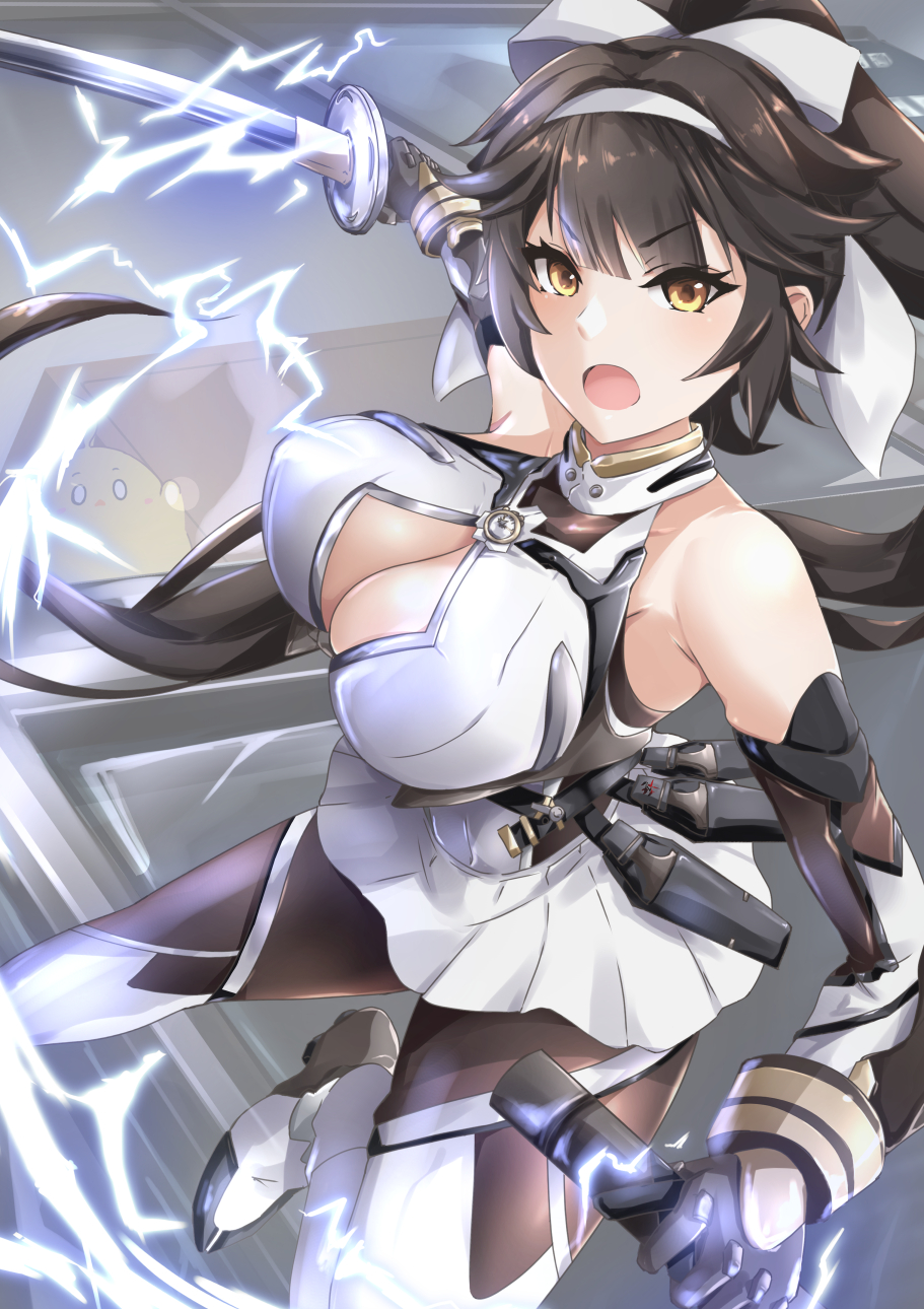 1girl azur_lane bare_shoulders black_hair bow breasts cleavage cleavage_cutout clothing_cutout elbow_gloves electricity extra_ears gloves green_eyes gudon_(iukhzl) hair_bow hair_ears hair_flaps highres holding holding_sheath holding_sword holding_weapon katana large_breasts long_hair manjuu_(azur_lane) official_alternate_costume open_mouth ponytail ribbon sheath skirt sleeveless sword takao_(azur_lane) takao_(divine_exorcist's_blade)_(azur_lane) weapon white_bow white_ribbon white_skirt