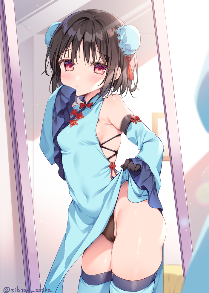 1girl bare_shoulders black_hair blue_dress blue_sleeves blue_thighhighs blush breasts brown_panties bun_cover cameltoe closed_mouth commentary_request detached_sleeves double_bun dress frilled_sleeves frills groin hair_bun hand_up long_sleeves looking_at_viewer mirror original panties red_eyes reflection shikitani_asuka sideboob sleeveless sleeveless_dress sleeves_past_fingers sleeves_past_wrists small_breasts solo thighhighs twitter_username underwear wide_sleeves
