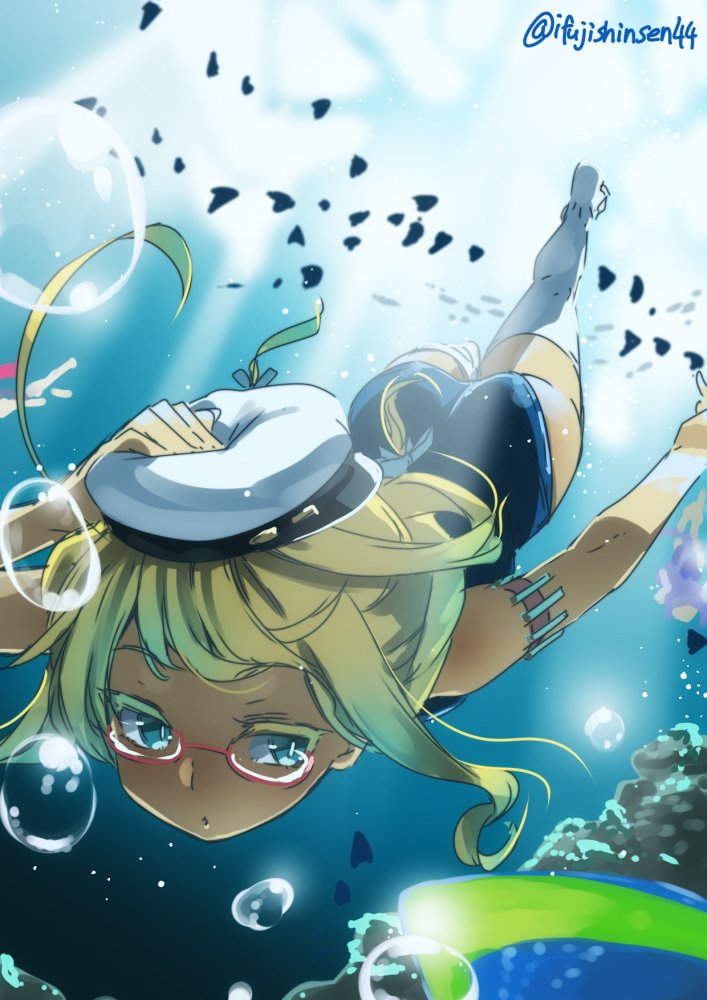 1girl ass blonde_hair blue_eyes commentary_request freediving hat holding holding_clothes holding_hat i-8_(kancolle) ifuji_shinsen kantai_collection low_twintails peaked_cap red-framed_eyewear sailor_hat school_swimsuit semi-rimless_eyewear solo swimming swimsuit thighhighs twintails twitter_username under-rim_eyewear underwater white_headwear white_thighhighs