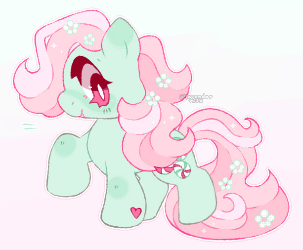 accessory ambiguous_gender earth_pony equid equine feral flower flower_in_hair green_body hair hair_accessory hasbro heart_(marking) horse mammal mane minty_(mlp) mlp_g3 my_little_pony phannpy pink_eyes plant pony pre-g4 smile solo tail