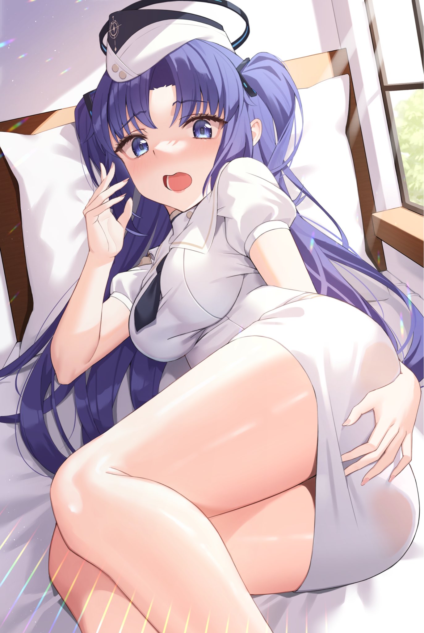 1girl bed blue_archive blue_eyes commentary_request day dress dress_tug feet_out_of_frame foreshortening garrison_cap hat highres indoors lens_flare lens_flare_abuse long_hair looking_at_viewer lying mutenka_(plfgb) on_bed on_side open_mouth pillow puffy_short_sleeves puffy_sleeves purple_hair short_dress short_sleeves solo sunlight two_side_up white_dress window yuuka_(blue_archive)