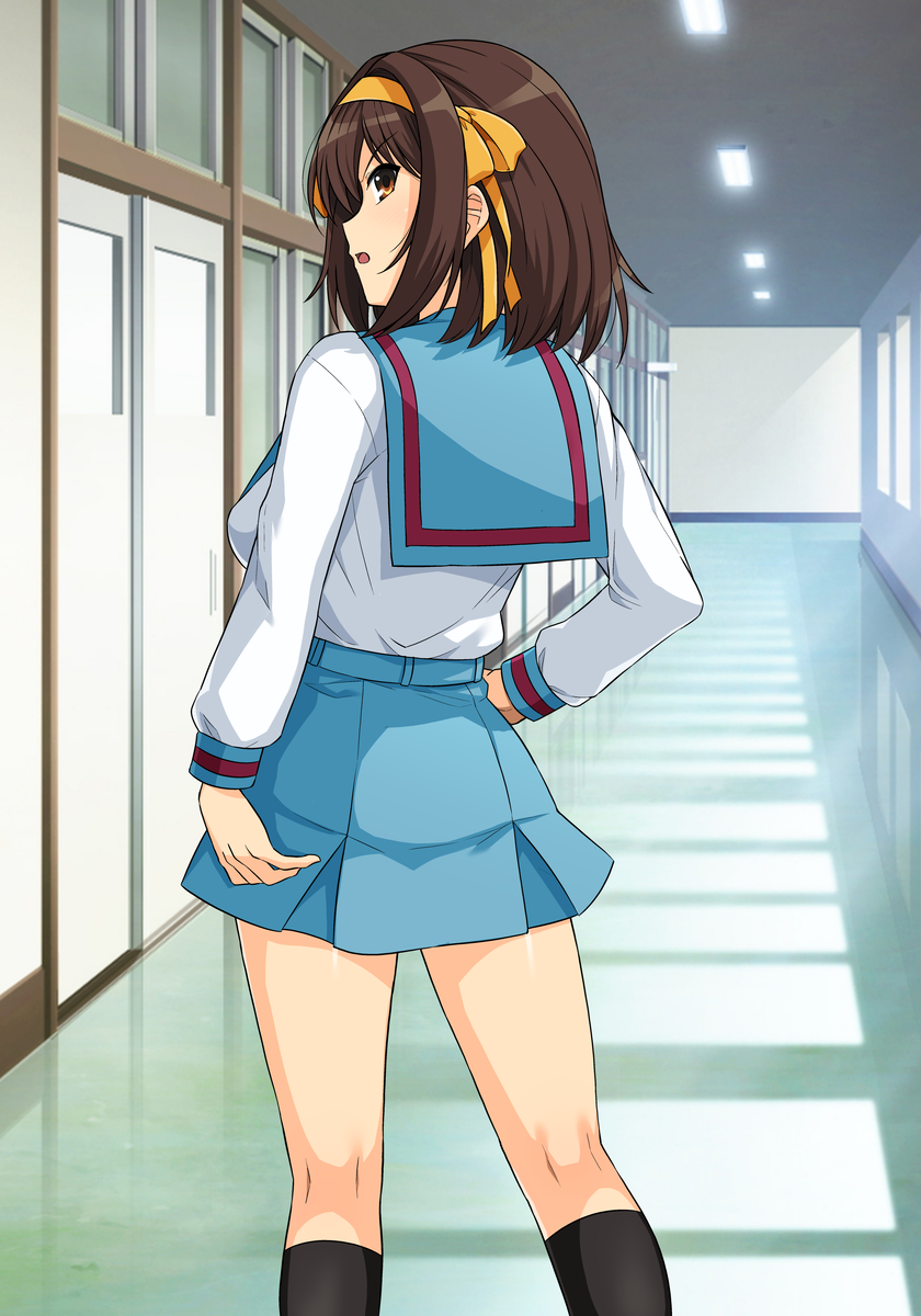 1girl black_socks blue_sailor_collar blue_skirt bob_cut breasts brown_eyes brown_hair commentary_request from_behind hair_ribbon hairband hallway hand_on_own_hip haruhisky highres indoors kita_high_school_uniform kneehighs long_sleeves looking_at_viewer looking_back medium_breasts medium_hair open_mouth ribbon sailor_collar school_uniform serafuku shadow skirt socks solo suzumiya_haruhi suzumiya_haruhi_no_yuuutsu winter_uniform yellow_hairband yellow_ribbon