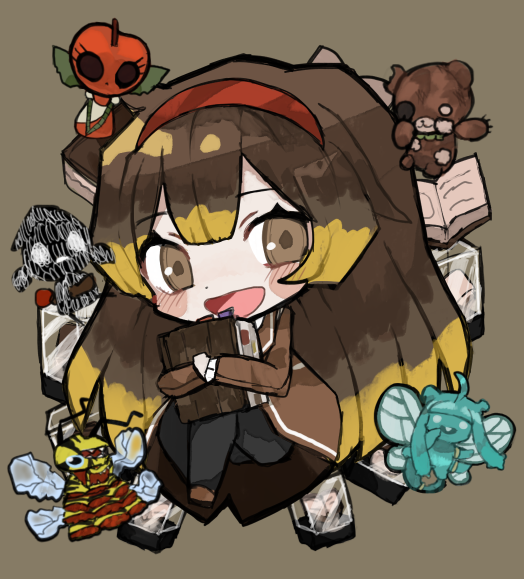 1girl akaimo_(akaimokou) blush book brown_coat brown_eyes brown_hair chibi coat fairy_festival hairband happy_teddy_bear holding holding_book library_of_ruina long_hair malkuth_(project_moon) matches open_mouth project_moon queen_bee_(lobotomy_corporation) red_hairband scorched_girl sidelocks smile snow_white's_apple solo very_long_hair