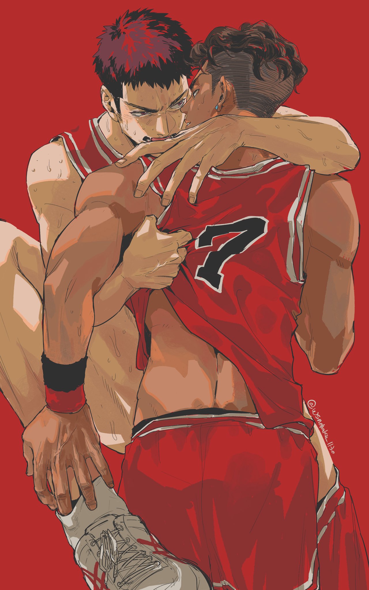 2boys basketball_jersey clothes_lift cowboy_shot earrings highres hug jewelry killuaz1130 looking_at_another male_focus mitsui_hisashi miyagi_ryouta multiple_boys open_mouth red_background red_shorts shirt_grab shirt_lift shoes short_hair shorts simple_background slam_dunk_(series) sweatband tan twitter_username undercut white_footwear yaoi