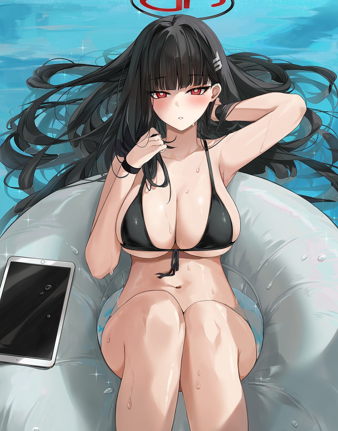 1girl adjusting_hair afloat alternate_costume armpits bikini black_bikini black_hair blue_archive blush bracelet breasts bright_pupils commentary commentary_request dema_hmw floating_hair hair_ornament hair_spread_out hairclip halo hand_in_own_hair highres innertube ipad jewelry large_breasts long_hair looking_at_viewer navel parted_lips red_eyes rio_(blue_archive) sideboob solo stomach swimsuit tablet_pc underboob very_long_hair water wet white_pupils