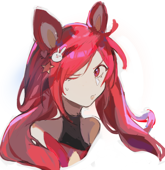 1girl animal_ears bare_shoulders cheese_(chisi64726930) cropped_shoulders fake_animal_ears hair_ornament heart heart_hair_ornament jinx_(league_of_legends) league_of_legends long_hair one_eye_closed rabbit_hair_ornament red_eyes red_hair simple_background solo star_(symbol) star_guardian_(league_of_legends) star_guardian_jinx star_hair_ornament sweatdrop twintails white_background