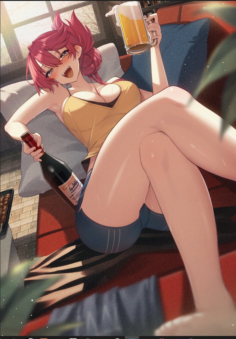 1girl alcohol barefoot beer beer_mug blush bottle breasts cleavage_cutout clothing_cutout cluseller couch cup double-parted_bangs eiyuu_densetsu foot_out_of_frame hair_between_eyes hair_bun holding holding_bottle holding_cup indoors knees_up large_breasts legs looking_at_viewer mug on_couch pillow pink_hair sara_valestein sen_no_kiseki shirt shorts sitting sleeveless smile solo wine_bottle yellow_eyes