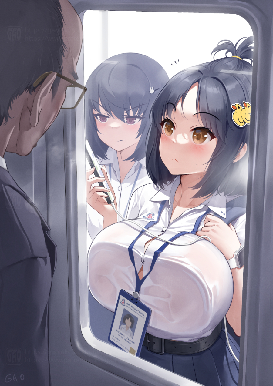 2girls belt belt_buckle black_belt black_hair black_jacket blue_skirt breast_press breasts brown_eyes buckle cellphone closed_mouth collarbone collared_shirt commentary_request dress_shirt duck_hair_ornament gao_(gaolukchup) glasses hair_between_eyes hands_up heavy_breathing highres holding holding_phone jacket lanyard large_breasts multiple_girls notice_lines original parted_bangs phone pleated_skirt red_eyes school_uniform shirt short_sleeves skirt suit v-shaped_eyebrows watch white_shirt wristwatch
