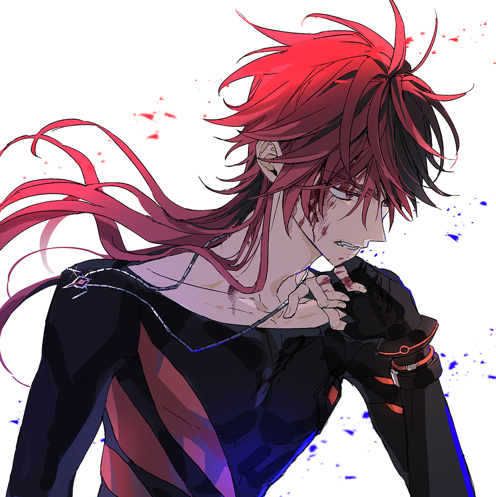 1boy black_gloves black_hair black_shirt blood blood_on_face collarbone elsword elsword_(character) fingerless_gloves floating_hair gloves immortal_(elsword) injury jewelry long_hair long_sleeves male_focus multicolored_hair muscular muscular_male necklace red_eyes red_hair rparp shirt simple_background solo teeth two-tone_hair white_background