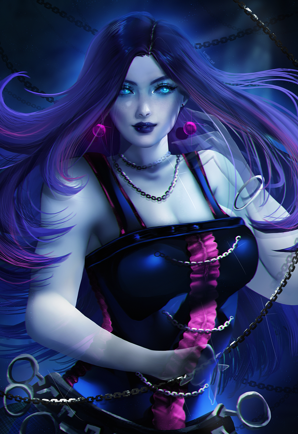 1girl breasts chain chain_necklace colored_sclera colored_skin dangle_earrings earrings ghost ghost_girl highres holding holding_chain jewelry long_hair looking_to_the_side lumi_ja medium_breasts monster monster_girl monster_high monster_high_(g1) necklace purple_hair purple_lips purple_sclera spectra_vondergeist translucent_skin two-tone_tank_top white_skin