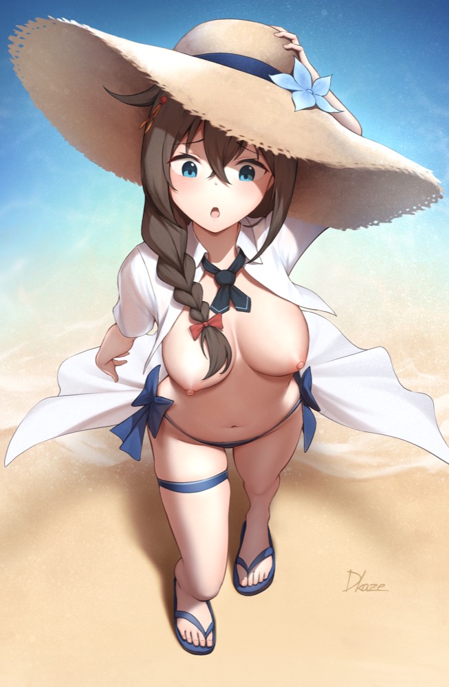 1girl :o beach bikini bikini_top_removed black_hair black_neckerchief blue_bikini blue_eyes braid breasts collared_shirt commentary_request driftkingtw from_above front-tie_bikini_top front-tie_top hair_between_eyes hair_ornament hair_over_shoulder hairpin hand_on_headwear hat kantai_collection large_breasts long_hair looking_down navel neckerchief nipples ocean official_alternate_costume open_clothes open_shirt outdoors paid_reward_available sandals shigure_(kancolle) shigure_kai_san_(kancolle) shirt side-tie_bikini_bottom signature single_braid solo straw_hat sun_hat swimsuit thigh_strap toes white_shirt