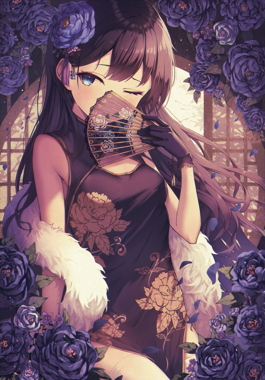 1girl black_hair blue_eyes blush breasts china_dress chinese_clothes dress eyeliner floral_print flower hair_flower hair_ornament hand_fan highres holding holding_fan long_hair makeup one_eye_closed original parted_lips ryuinu see-through solo