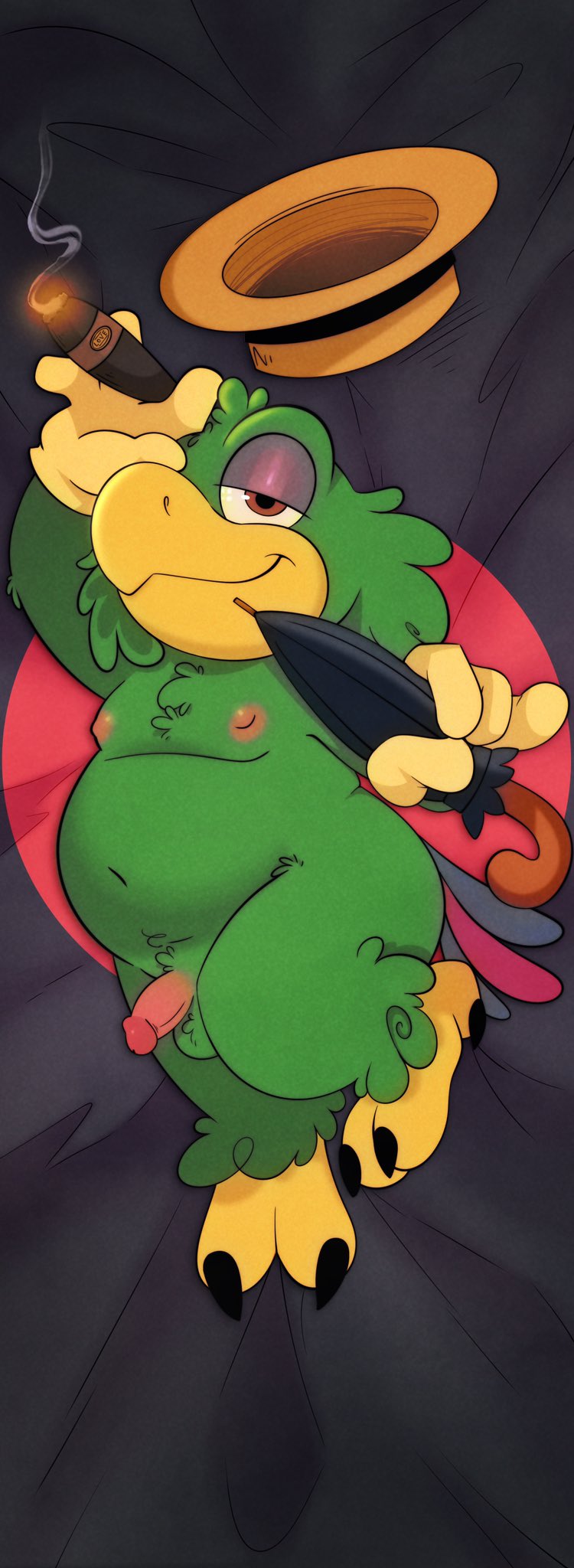 anthro avian balls beak belly bird cigar disney eyeshadow feathers genitals green_body green_feathers hi_res jose_carioca lidded_eyes makeup male navel nipples nude parrot penis salamikii slightly_chubby solo