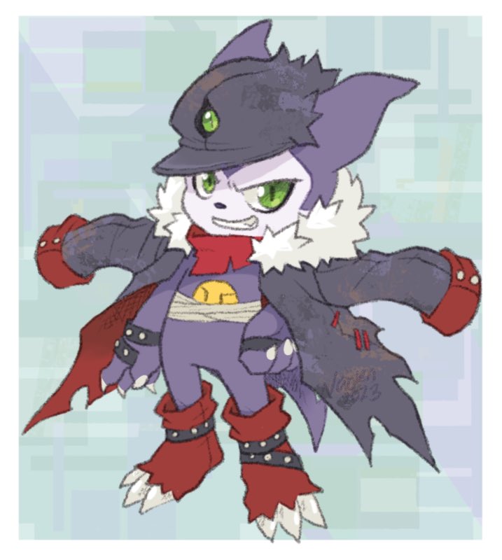 anthro bancho bandage bandai_namco bandanna belt clawed_fingers claws clothing coat coat_over_shoulders digimon digimon_(species) green_eyes grin hat headgear headwear impmon kerchief male na0r3n purple_body short_stack smile solo toe_claws topwear