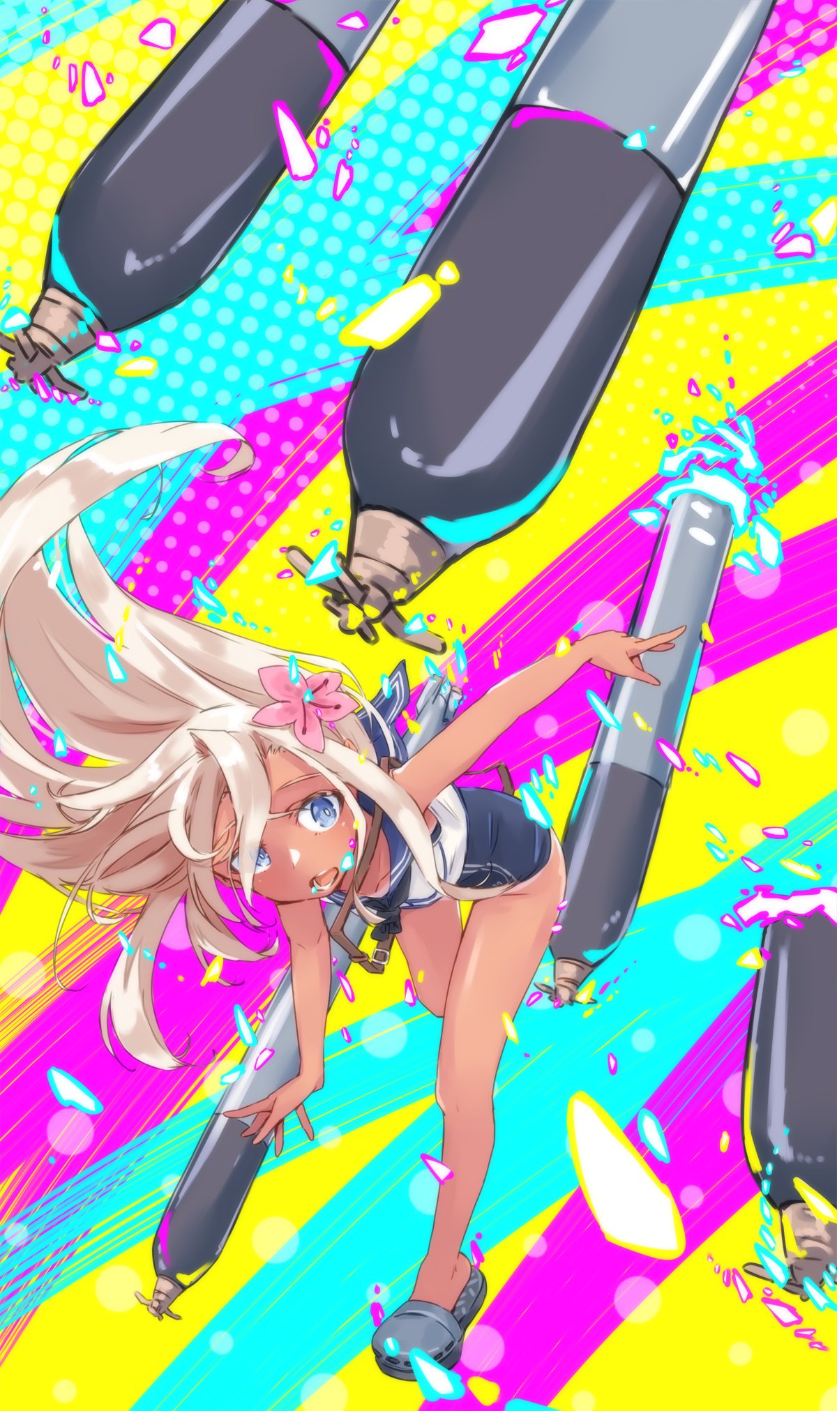 1girl alakoala blonde_hair blue_eyes crop_top flower hair_flower hair_ornament highres kantai_collection long_hair nontraditional_school_swimsuit one-piece_swimsuit one-piece_tan open_mouth ro-500_(kancolle) sailor_collar school_swimsuit school_uniform solo swimsuit swimsuit_under_clothes tan tanlines torpedo