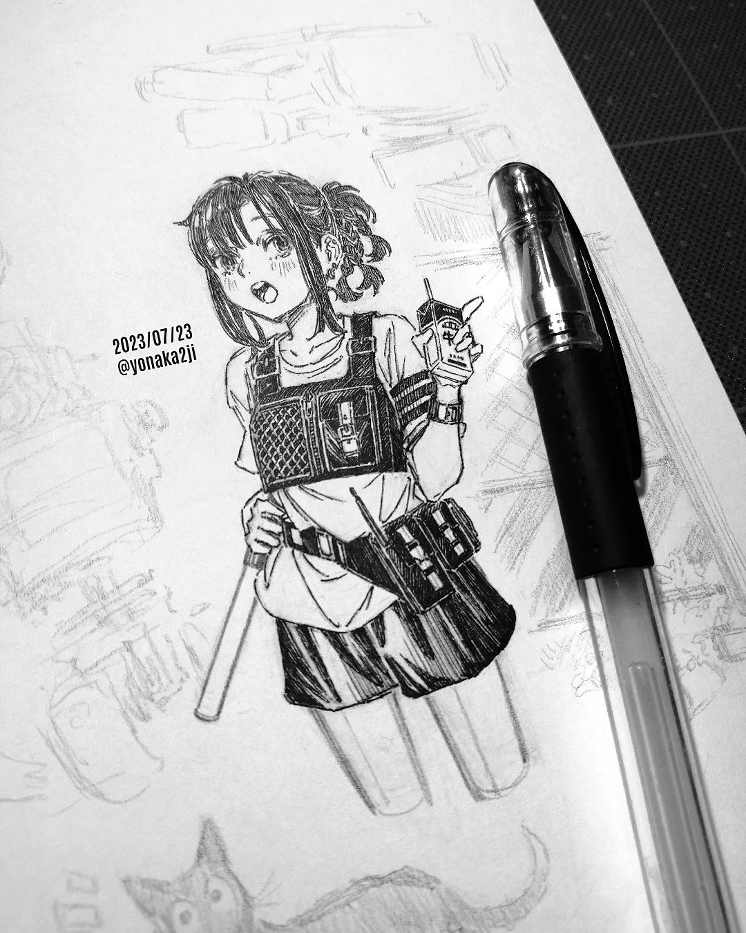 1girl art_tools_in_frame belt blush cropped_legs dated earrings greyscale hand_on_own_hip highres holding_carton instagram_username jewelry looking_at_viewer monochrome open_mouth original pen pen_(medium) photo_(medium) ponytail radio_antenna shirt short_hair short_sleeves shorts sketch solo t-shirt teeth traditional_media traffic_baton upper_teeth_only utility_belt vest yonaka2ji