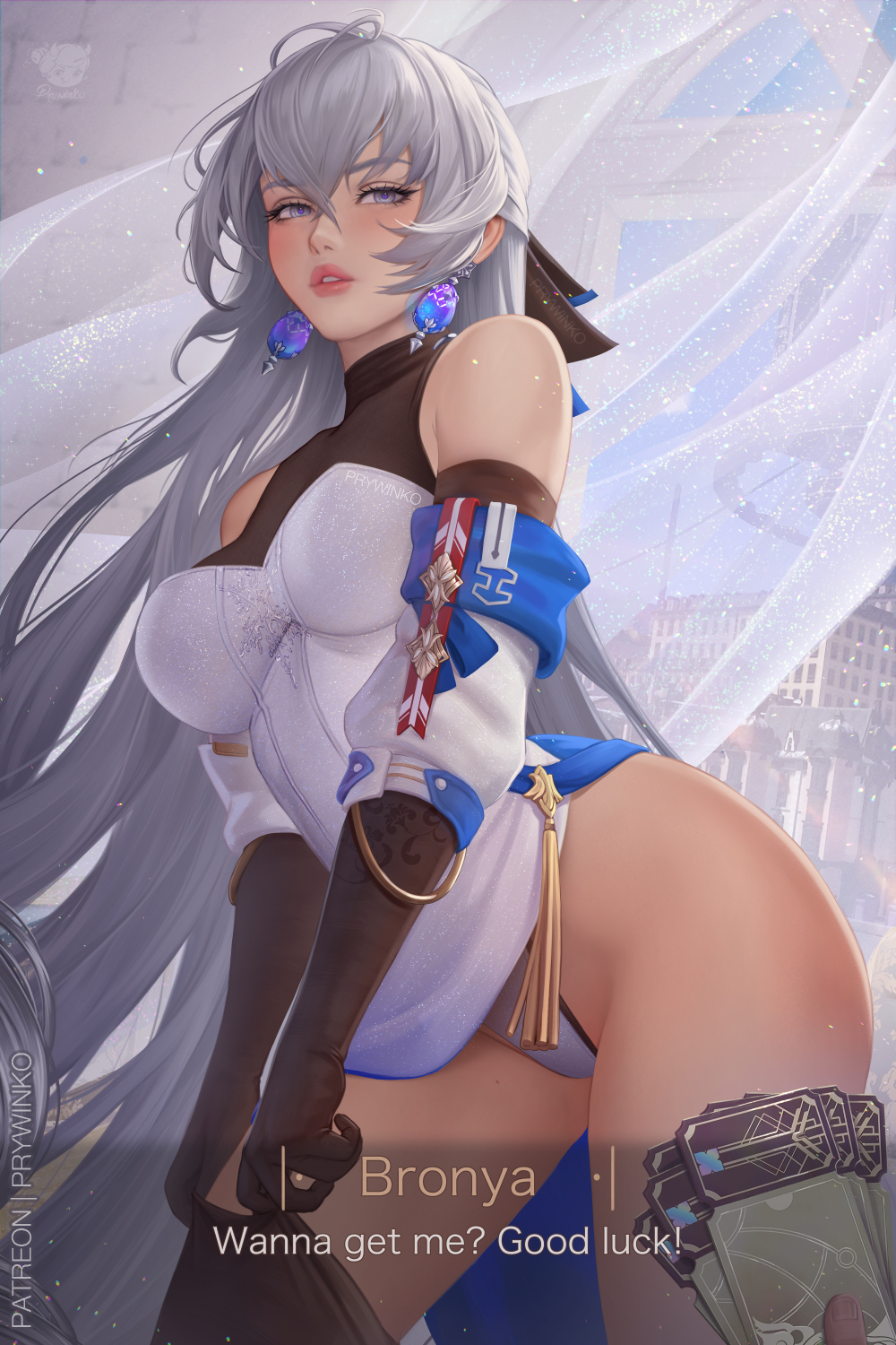 1girl arm_scarf artist_name bare_shoulders blue_scarf breasts bronya_rand character_name dress earrings english_text gloves grey_eyes grey_hair highres honkai:_star_rail honkai_(series) indoors jewelry long_hair looking_at_viewer paid_reward_available parted_lips prywinko scarf thighhighs white_dress window