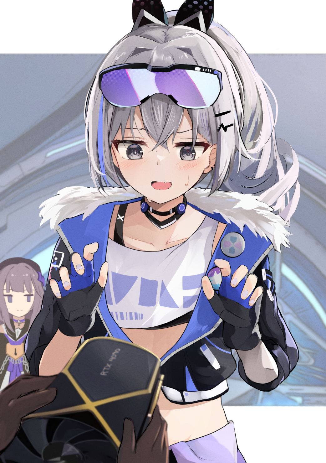 2girls blue_hair brown_hair crop_top cropped_jacket fingerless_gloves gloves goggles goggles_on_head graphics_card grey_eyes grey_hair hands_up herta_(honkai:_star_rail) highres holding honkai:_star_rail honkai_(series) jacket midriff multicolored_hair multiple_girls nvidia open_clothes open_jacket ponytail pov purple_eyes showing shuuzo3 silver_wolf_(honkai:_star_rail) streaked_hair trailblazer_(honkai:_star_rail)