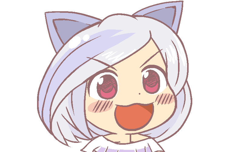 1girl animal_ears anonymous_(japanese) blush dog_ears gyate_gyate jaggy_lines mitsugashira_enoko open_mouth portrait red_eyes short_hair smile solo swept_bangs touhou transparent_background unfinished_dream_of_all_living_ghost white_hair