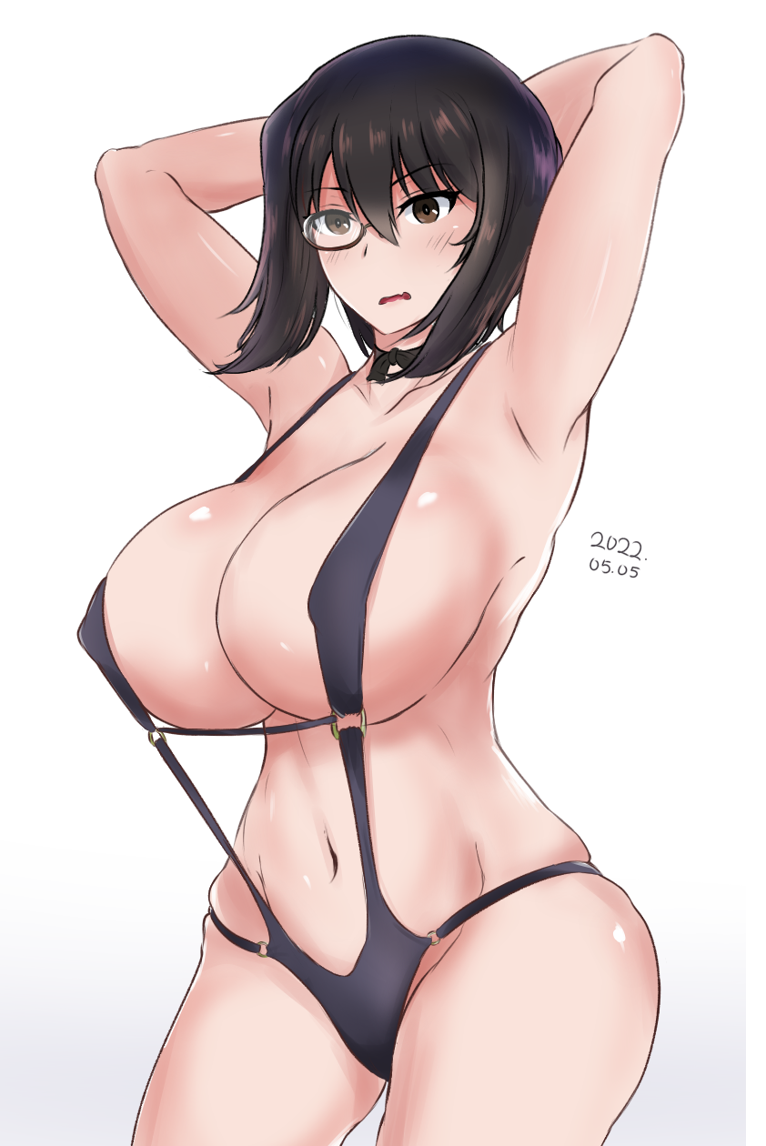 1girl amogan armpits arms_behind_head arms_up black-framed_eyewear black_choker black_eyes black_hair black_one-piece_swimsuit blush bob_cut bow_choker breasts choker commentary covered_nipples cowboy_shot dated frown girls_und_panzer highres huge_breasts kawashima_momo looking_at_viewer monocle navel o-ring o-ring_swimsuit one-piece_swimsuit open_mouth semi-rimless_eyewear short_hair slingshot_swimsuit solo standing swimsuit under-rim_eyewear white_background