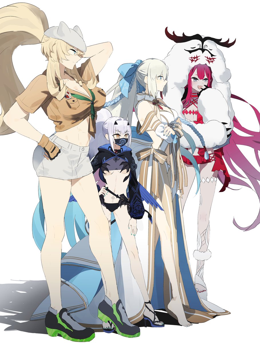 4girls abs arm_behind_head baobhan_sith_(fate) baobhan_sith_(swimsuit_pretender)_(fate) baobhan_sith_(swimsuit_pretender)_(first_ascension)_(fate) barefoot barghest_(fate) barghest_(swimsuit_archer)_(fate) barghest_(swimsuit_archer)_(first_ascension)_(fate) bikini black_bikini blonde_hair blue_eyes blue_nails bow braid breasts cernunnos_(fate) character_hood cleavage cropped_jacket crossed_arms detached_collar detached_sleeves fate/grand_order fate_(series) fingerless_gloves full_body gloves grey_eyes hand_on_own_hip hand_to_own_mouth hand_up hat high_heels highres hooded_shrug long_hair mask melusine_(fate) melusine_(swimsuit_ruler)_(fate) melusine_(swimsuit_ruler)_(first_ascension)_(fate) microskirt morgan_le_fay_(fate) morgan_le_fay_(water_princess)_(fate) multiple_girls muscular muscular_female nail_polish navel ninjin_(ne_f_g_o) open_mouth pink_hair platform_footwear platform_heels ponytail red_nails revealing_clothes shadow shirt shoes short_shorts shorts shrug_(clothing) sidelocks simple_background skirt smile sneakers swimsuit thighs tiptoes toeless_footwear toenail_polish toenails white_bikini white_hair white_headwear white_shorts yellow_eyes yellow_shirt