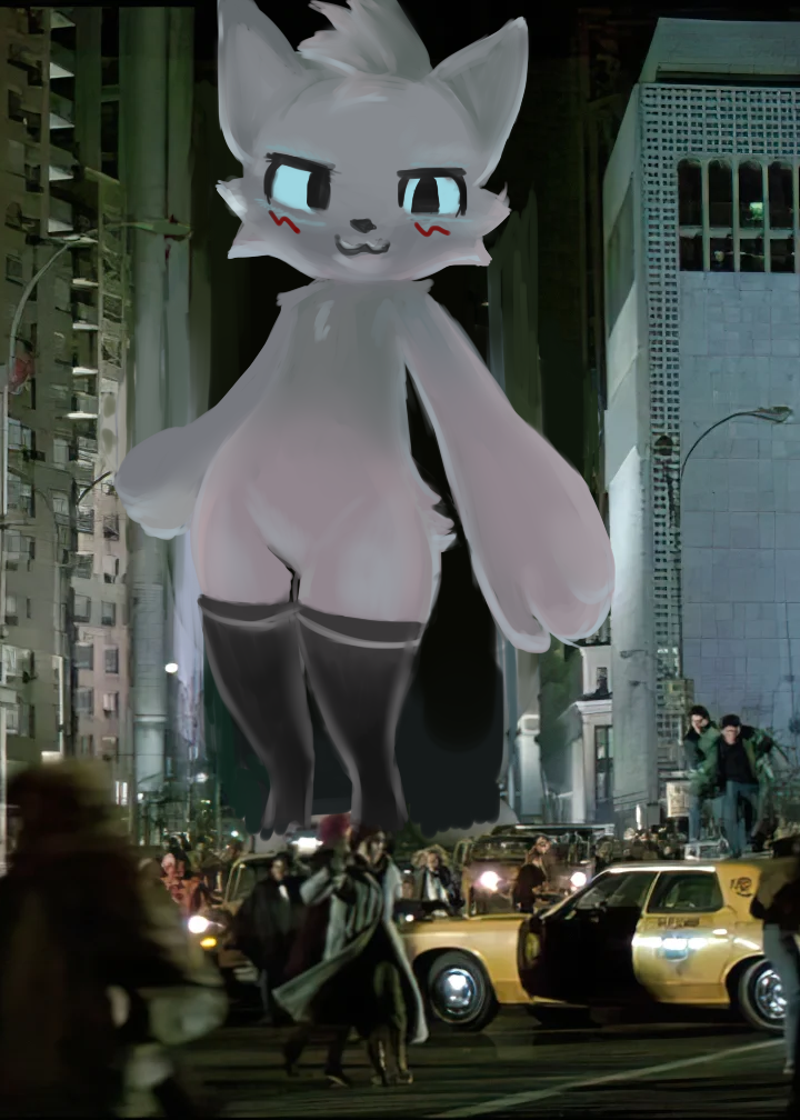 anthro boy_kisser_(meme) clothing commercial_vehicle cracky domestic_cat felid feline felis female ghostbusters gozer_(ghostbusters) human legwear macro male mammal new_york_city panicking public_transportation screencap_edit silly_cat_(mauzymice) taxicab thigh_highs vehicle vehicle_for_hire