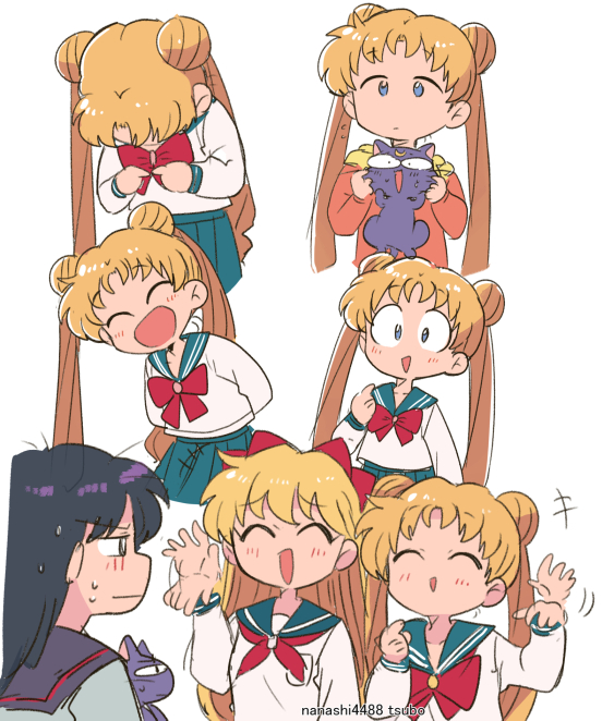 aino_minako bishoujo_senshi_sailor_moon blonde_hair blue_skirt blush bow closed_eyes hair_bow hino_rei luna_(sailor_moon) multiple_girls open_mouth red_bow salute school_uniform simple_background skirt tsubobot tsukino_usagi white_background