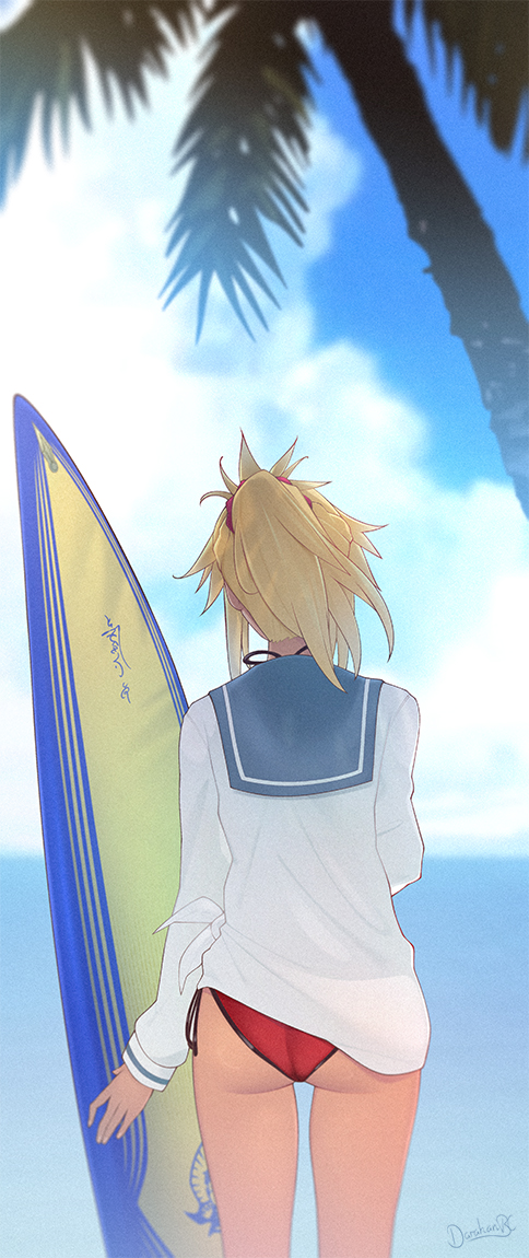 1girl ass bikini bikini_under_clothes blonde_hair blue_sailor_collar blue_sky blurry blurry_background cloud cloudy_sky commentary darahan day english_commentary fate/apocrypha fate_(series) from_behind holding holding_surfboard horizon long_sleeves mordred_(fate) mordred_(fate/apocrypha) mordred_(swimsuit_rider)_(fate) ocean outdoors palm_tree ponytail red_bikini sailor_collar shirt signature sky solo standing string_bikini surfboard swimsuit thighs tree water white_shirt