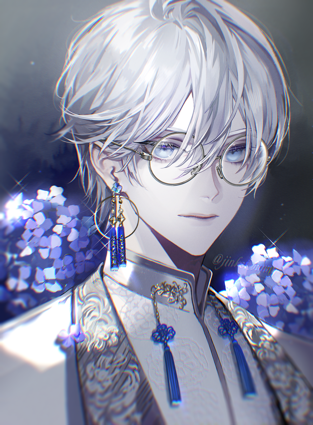 1boy artist_name black_background blue_eyes blue_flower closed_mouth collared_jacket colored_skin earrings flower glasses grey_hair hair_behind_ear hair_between_eyes highres hoop_earrings hydrangea jacket jewelry koshika_rina lips male_focus original portrait round_eyewear short_hair simple_background single_earring solo sparkle tassel tassel_earrings white_jacket white_skin