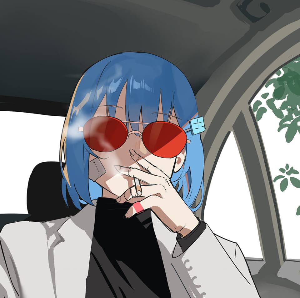 1girl bandaid bandaid_on_face black_shirt blue_hair car_interior cigarette english_commentary hair_ornament hairclip holding holding_cigarette long_sleeves looking_at_viewer mads_ez original red-tinted_eyewear shirt short_hair smoke suit tinted_eyewear upper_body white_suit you're_doing_it_wrong