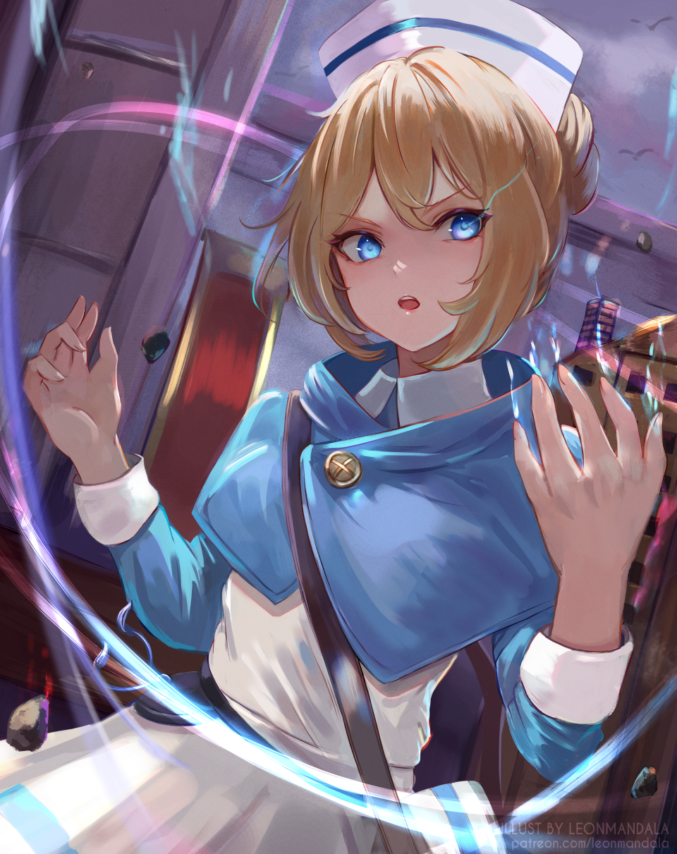 1girl bag blonde_hair blue_cloak blue_eyes castti_florenz cloak collared_shirt hair_bun hair_up highres leonmandala octopath_traveler octopath_traveler_ii parted_lips satchel shirt solo teeth upper_teeth_only v-shaped_eyebrows white_background