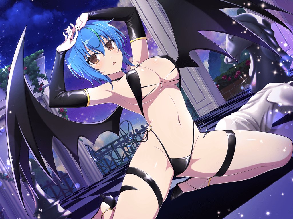 1girl armpits ass_visible_through_thighs bat_wings bikini black_bikini black_footwear black_wings blue_gemstone blue_hair blush breasts bridal_gauntlets bush chair chess_piece chessboard cleavage cloud column crossover demon demon_girl demon_wings flower gem gloves green_hair groin hair_between_eyes high_heels high_school_dxd high_school_dxd_new highleg highleg_bikini ivy kneeling knight_(chess) large_breasts light_particles linea_alba looking_at_viewer multicolored_hair navel night night_sky o-ring o-ring_bikini official_art open_mouth outdoors pawn_(chess) pillar plant red_flower red_rose revealing_clothes rose senran_kagura senran_kagura_new_link short_hair sky slingshot_swimsuit solo star_(sky) starry_sky streaked_hair swimsuit table thigh_strap tile_floor tiles two-tone_hair underboob wings xenovia_quarta yaegashi_nan yellow_eyes