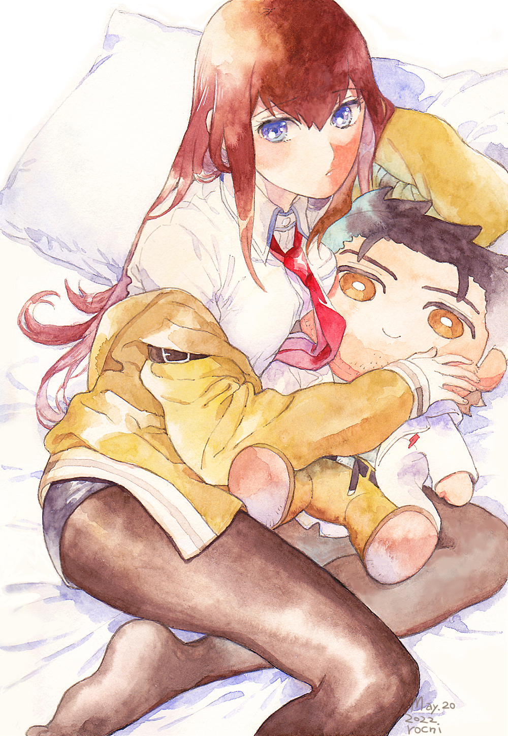 1girl arm_belt black_pantyhose black_shorts blue_eyes breasts brown_hair character_doll cleavage collared_shirt dated highres holding holding_stuffed_toy jacket lab_coat legs long_hair long_sleeves lying makise_kurisu marker_(medium) medium_breasts necktie okabe_rintarou on_bed on_side open_clothes open_jacket pantyhose pantyhose_under_shorts pillow red_necktie rocni shirt shorts signature soles solo steins;gate stuffed_toy traditional_media white_shirt yellow_jacket