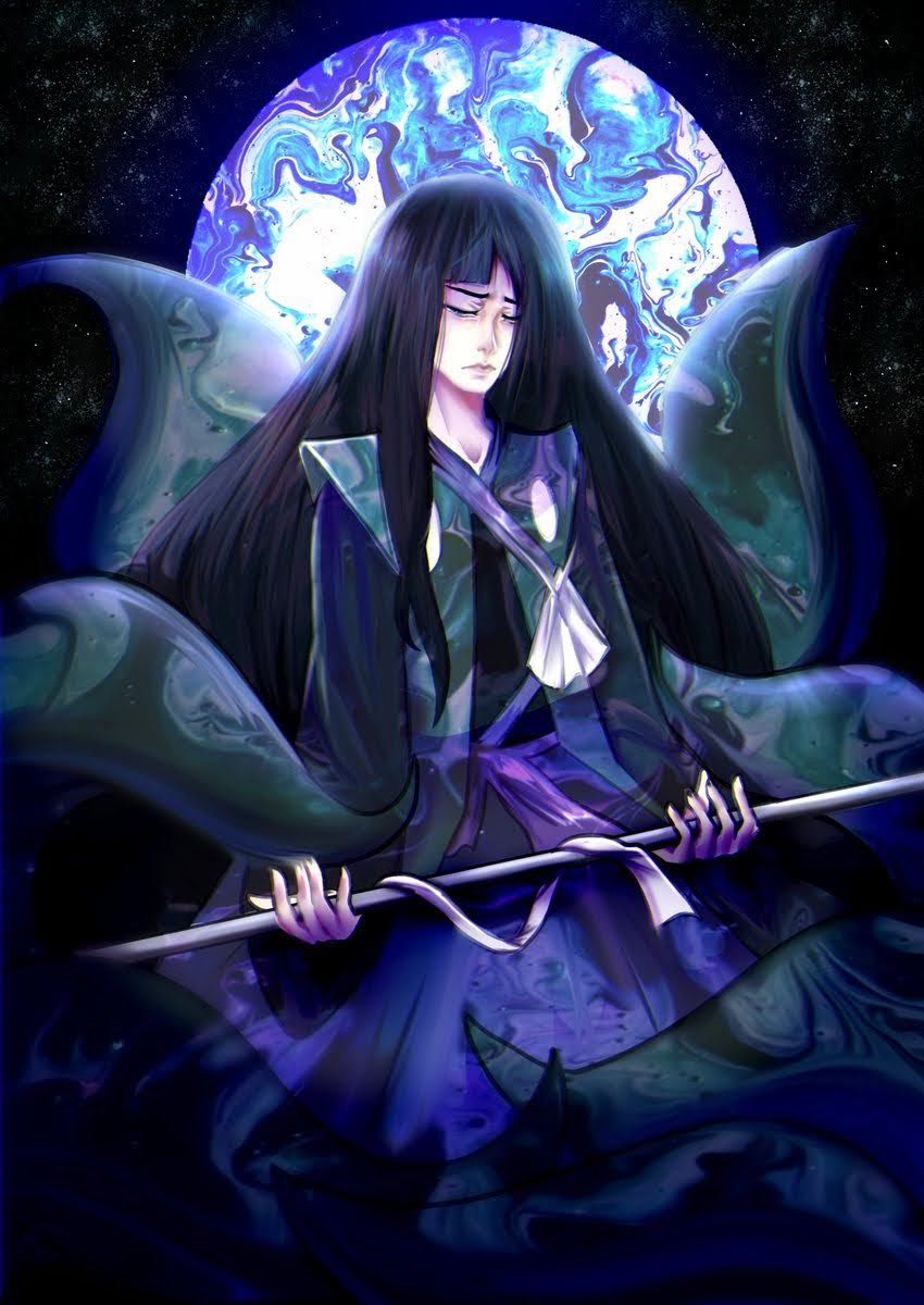 1other adagumo_no_yaorochi bad_artstation_id bad_id black_background black_hair black_kimono blue_pants circle closed_eyes closed_mouth coat fingernails frown green_coat hair_down hakama hakama_pants highres holding holding_sword holding_weapon japanese_clothes kimono kneeling len'en long_hair long_sleeves luo_qiangwei multiple_tails open_clothes open_coat other_focus pants ribbon single_sidelock sleeveless sleeveless_coat snake_tail solo straight_hair sword tail weapon white_ribbon