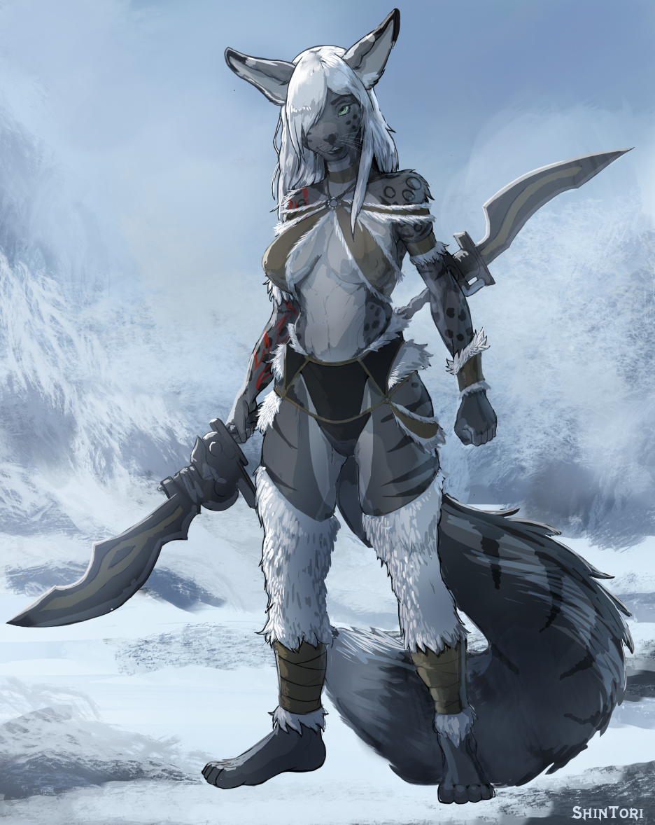 anthro biped bottomwear canid canine clothing countershade_fur countershade_torso countershading dipstick_ears female fox fur grey_body grey_fur mamal mammal multicolored_ears outside shintori snow solo striped_body striped_fur stripes topwear weapon winter