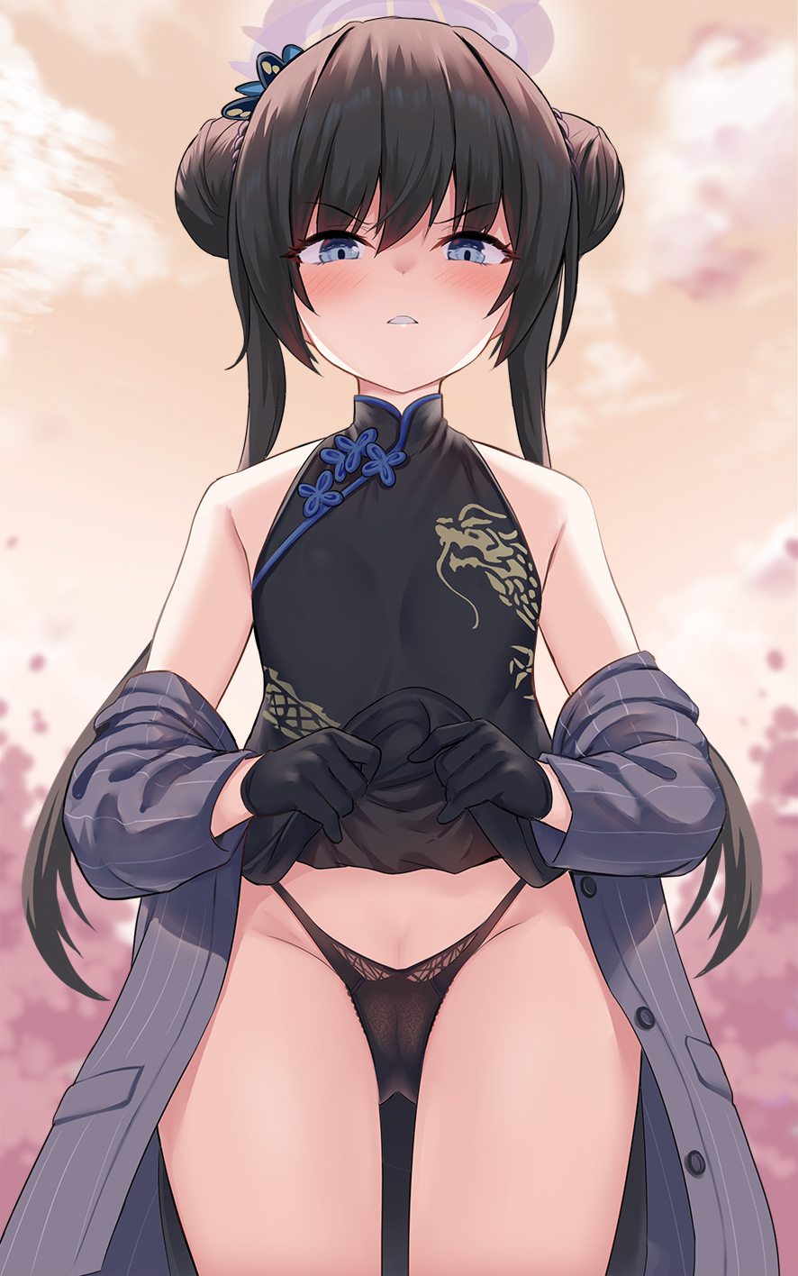 1girl bangs bare_shoulders black_dress black_gloves black_hair black_panties blue_archive blush braid braided_bun breasts butterfly_hair_ornament china_dress chinese_clothes clenched_teeth clothes_lift coat double_bun dragon_print dress dress_lift gloves grey_coat grey_eyes hair_bun hair_ornament half_gloves halo highres kisaki_(blue_archive) long_hair long_sleeves looking_at_viewer off_shoulder panties pelvic_curtain pinstripe_pattern shimokirin short_dress side_slit small_breasts solo striped teeth thighs twintails underwear vertical-striped_coat