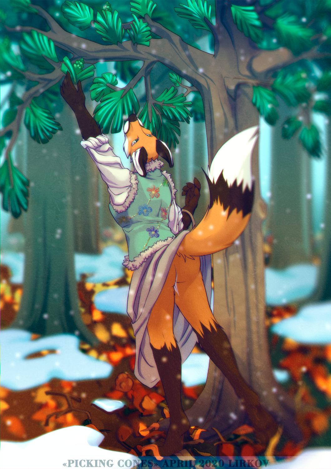 2020 anthro butt canid canine clothed clothing clothing_lift cones detailed_background digital_media_(artwork) dress dress_lift dress_lifting female fox fur hi_res leg_markings lirkov looking_up mammal markings no_underwear orange_body orange_fur outside plant raised_tail red_fox snow socks_(marking) solo tail topwear tree winter